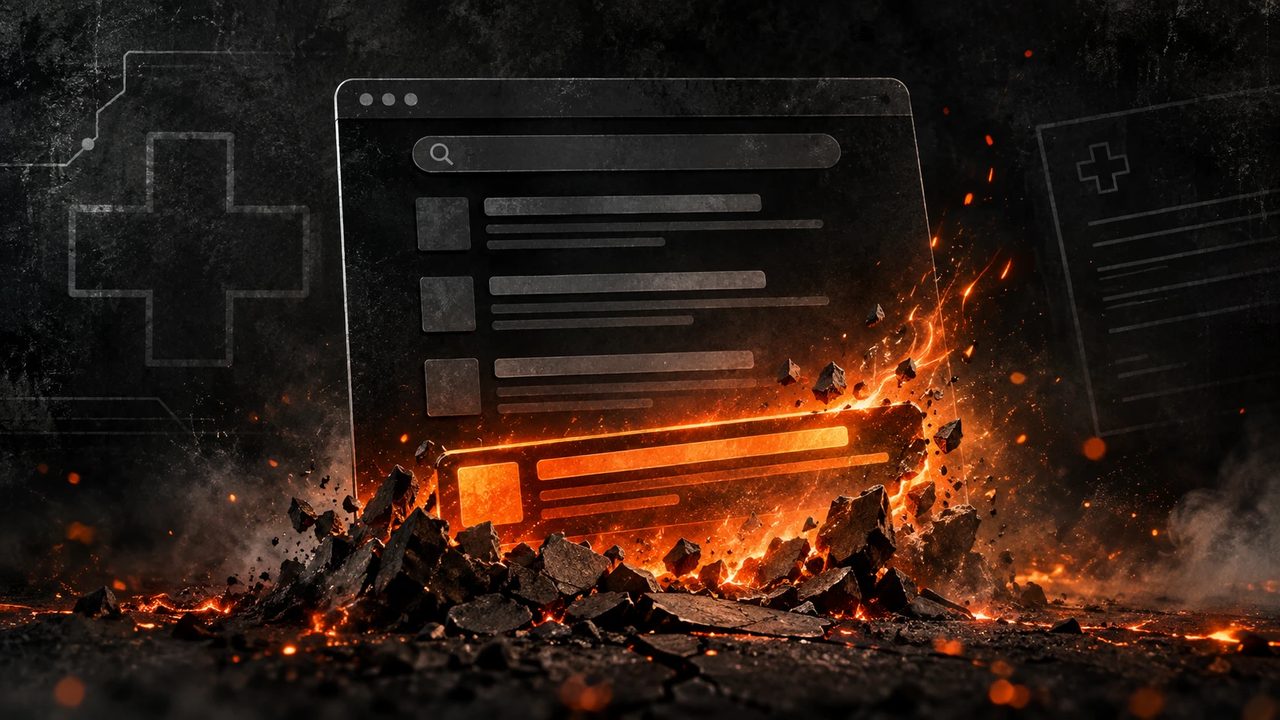 A glowing orange search result breaking up through rubble in a dark browser window, with faint medical cross symbols behind it, representing SEO for psychiatrists